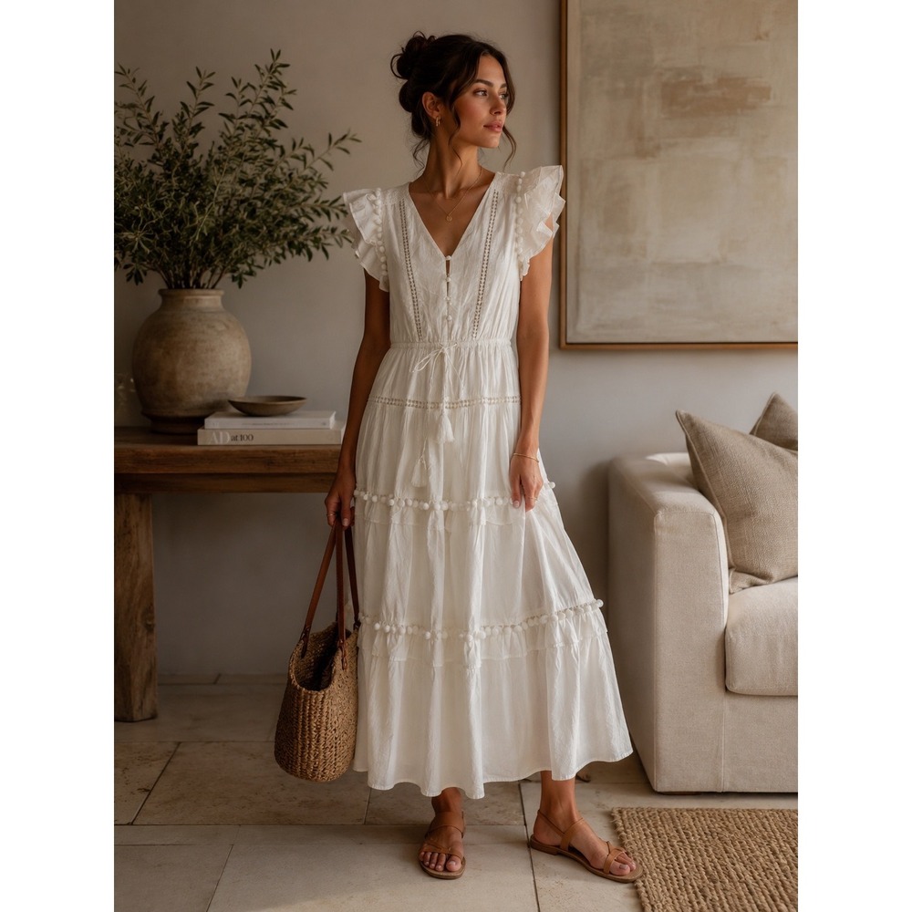 Point Sur Tiered Maxi Dress Womens 4 White Pom Pom Lace Boho Flutter Sleeve